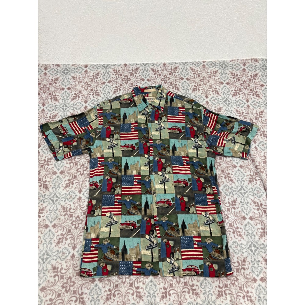 Campia Moda Mens Medium Rayon Americana Button Up Shirt Flag Car Bowling Vintage